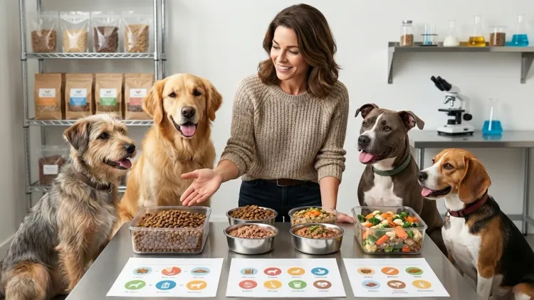 The author from the reference image, with her four dogs, gestures to a display of various AAFCO-compliant dog foods in a pet