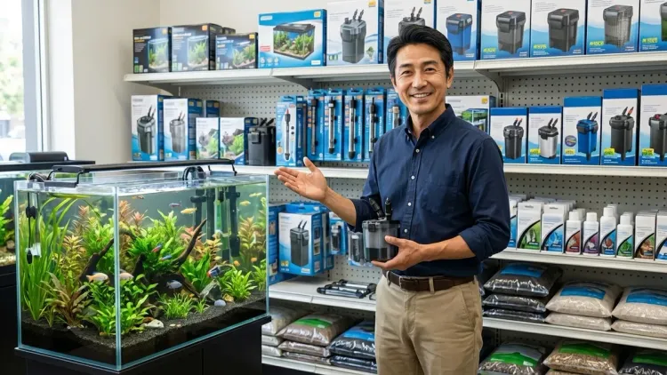 A man with a smile, wearing a blue button-down shirt, gestures to a fully set up aquarium and various aquarium equipment in a