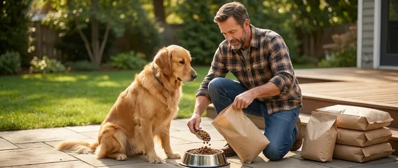 A man in a plaid shirt kneels on a patio, pouring kibble from a plain bag into a bowl as his golden retriever watches.
