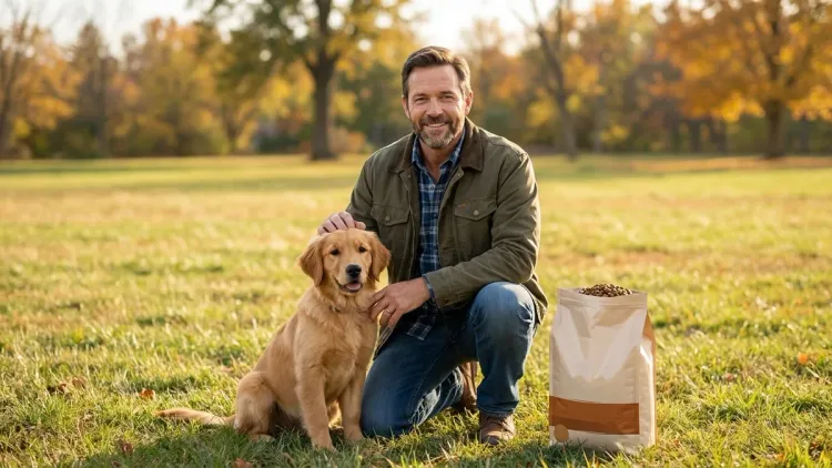 Man from reference photo kneels in park with Golden Retriever puppy and unbranded bag of dog food.