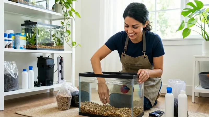 The woman from the reference image smiles while kneeling and adding gravel to a new betta fish tank.