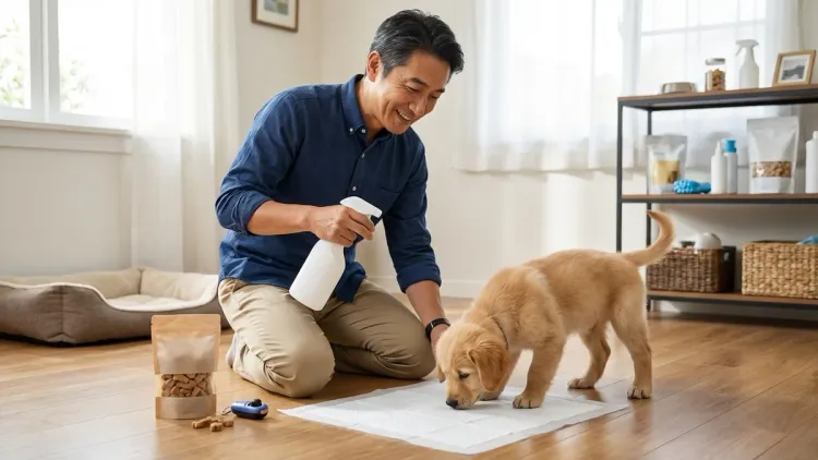 A man sprays a training aid on a pee pad for a golden retriever puppy in a sunlit room.