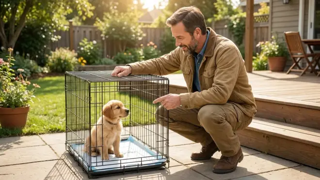A man crouches on a sunny backyard patio, smiling as he points to a golden retriever puppy sitting in a wire dog crate.