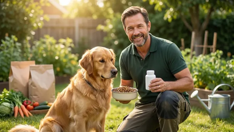 A smiling man kneels in a garden, holding a bowl of dog food and a supplement bottle next to a golden retriever.