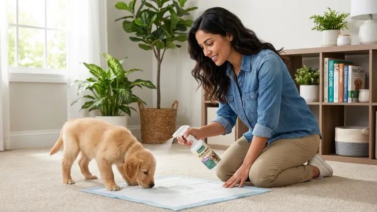 How often should I apply NatureVet Potty Here Training Aid Spray during house training?