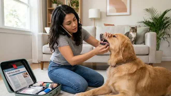 What should I do first when I discover my dog or cat is having a medical emergency?