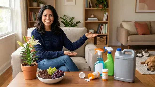 The woman from the reference image gestures towards a table with common pet toxins like chocolate, grapes, lilies, and cleani