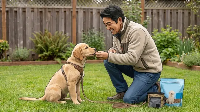 A man is kneeling in a backyard garden, rewarding a golden retriever puppy with a treat during a training session.