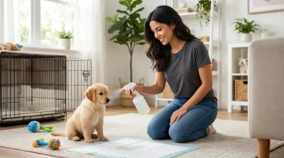 A woman uses a puppy training spray on a pee pad next to a golden retriever puppy.