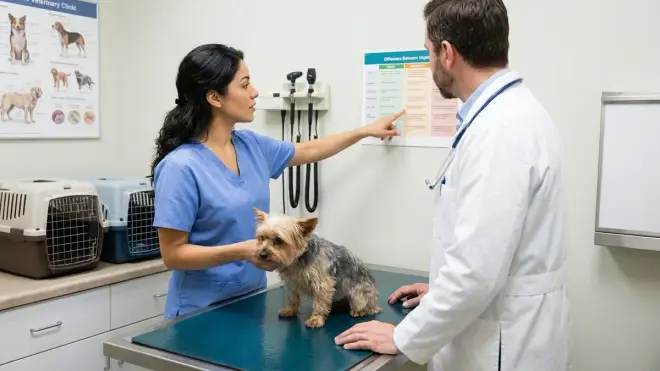 The author from the reference image, wearing blue scrubs, is shown in a veterinary exam room pointing to a chart while discus