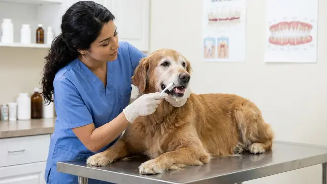 A vet clinic photograph of the woman from the reference image, wearing blue scrubs and gloves, gently brushing a senior golde