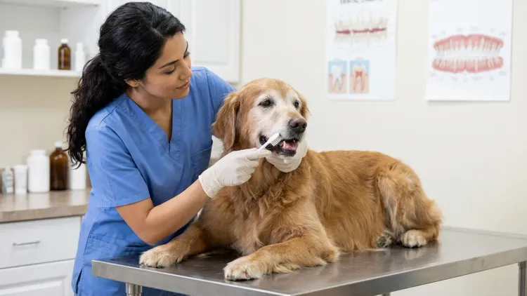A vet clinic photograph of the woman from the reference image, wearing blue scrubs and gloves, gently brushing a senior golde