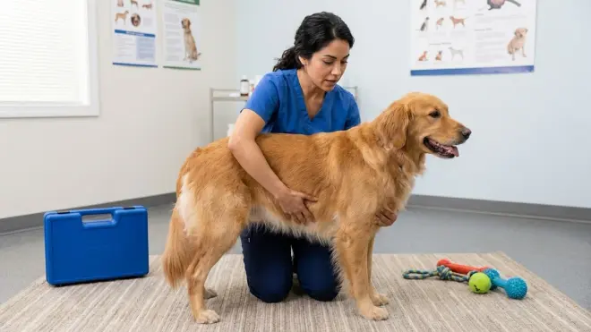 Woman veterinarian in blue scrubs kneeling on a rug, demonstrating the Heimlich maneuver on a standing golden retriever dog.